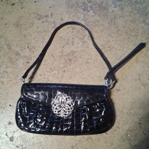 Womens Brighton Black Crocodile Pattern Handbag Jeweled Silver